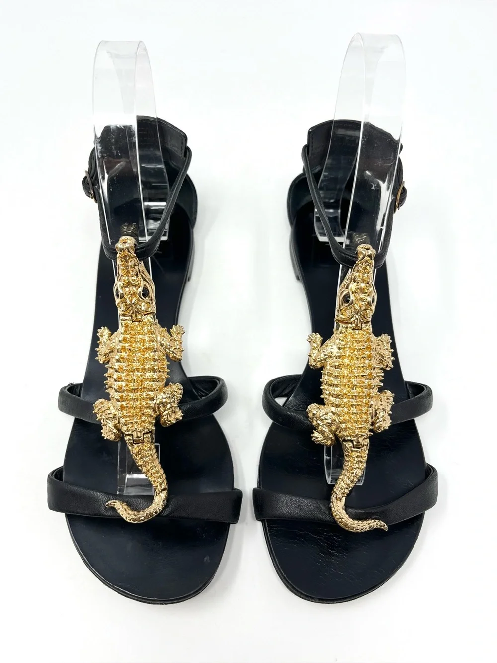 Giuseppe Zanotti Black Leather Gold Alligator Embellished Flat Sandals Flats 36